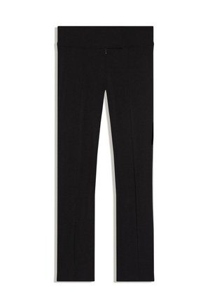 Pantaloni da yoga neri aderenti con vita alta, gambe dritte, senza motivi o loghi visibili su sfondo bianco.