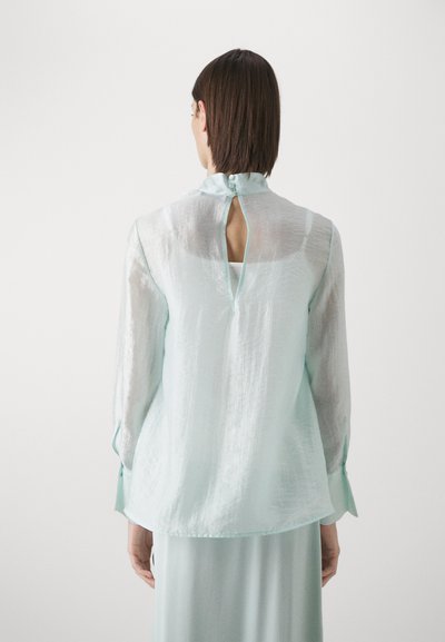 Blusa semi-trasparente blu chiaro con colletto alto e dettaglio a occhiello sul retro, dotata di maniche lunghe e polsini con bottone. Texture liscia.