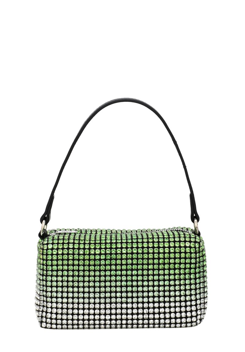 Borsa nera decorata con strass verdi e argento in un motivo a gradiente, con forma arrotondata e un'unica tracolla nera.