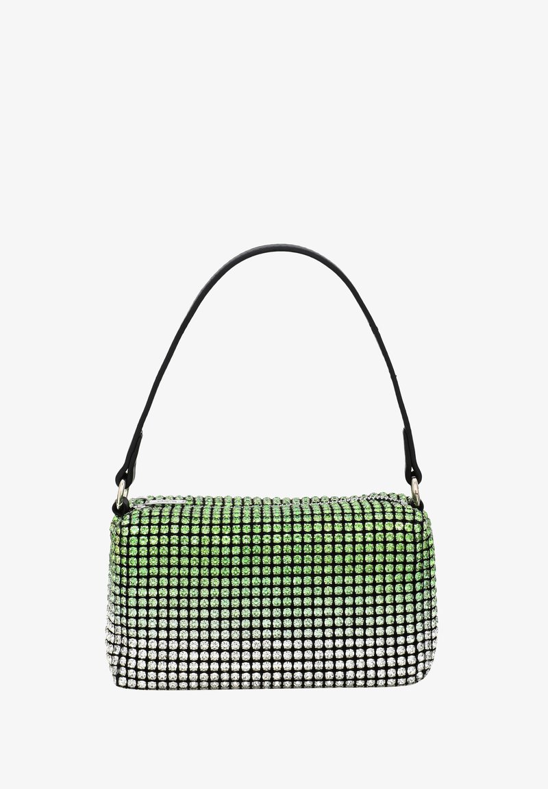 Czarna torebka ozdobiona zielonymi i srebrnymi kamieniami w gradientowym wzorze, o zaokrąglonym kształcie i jednym czarnym pasku.