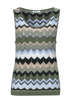 Top en maille sans manches avec motif ziguezague dans des nuances de vert, noir, beige et blanc, avec un col rond et l’étiquette « Street One ».