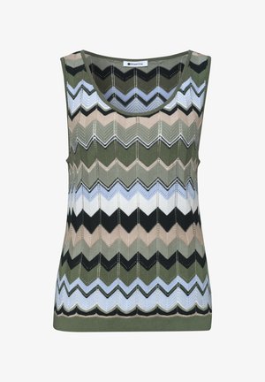 Top en maille sans manches avec motif ziguezague dans des nuances de vert, noir, beige et blanc, avec un col rond et l’étiquette « Street One ».
