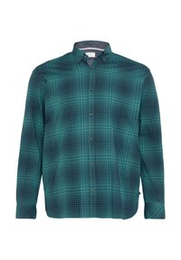 Grün und marineblau kariertes Langarm-Hemd mit Knöpfen am Kragen und an den Manschetten, auf einem schlichten weißen Hintergrund gezeigt.