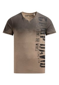 Short-sleeve, V-neck t-shirt in gradient brown and beige. Features black printed text and logo designs on the front, with a smooth texture.