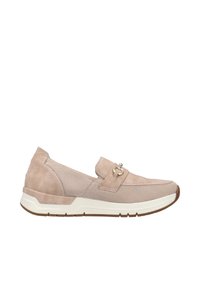 Beige slip-on shoe featuring a combination of suede and mesh materials, with a metallic accent and a contrasting white sole.