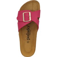 Infradito rosa caratterizzato da una ampia cinghia con una fibbia dorata, una soletta imbottita e una suola simile al sughero. Marchiato con "palado" e misura 37.