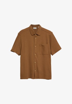 Chemise marron à manches courtes avec boutons, poche poitrine gauche devant et tissu doux texturé.
