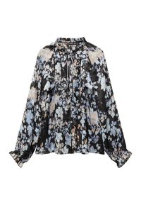 Blouse noire à manches longues avec motif floral bleu et beige, col et devant à volants, fermeture boutonnée sur le devant et poignets élastiqués.