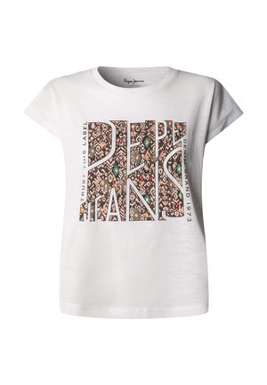 Weißes T-Shirt mit kurzen Ärmeln, vorne mit großem, gemustertem "PEPE JEANS"-Schriftzug sowie kleineren vertikalen Texten "TRUST THIS LABEL" und "DENIM BRAND 1973".