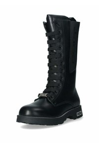 Stivale da combattimento nero al ginocchio in pelle liscia, con chiusura frontale con lacci, collo imbottito, suola in gomma e dettaglio logo in metallo.