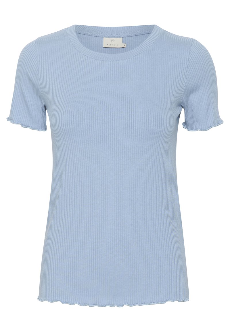 Šviesiai mėlyna, banguota trumpomis rankovėmis palaidinė su apvaliu iškirpimu ir banguotais kraštais. Pagaminta iš švelnios medžiagos, prigludusi siluetas.