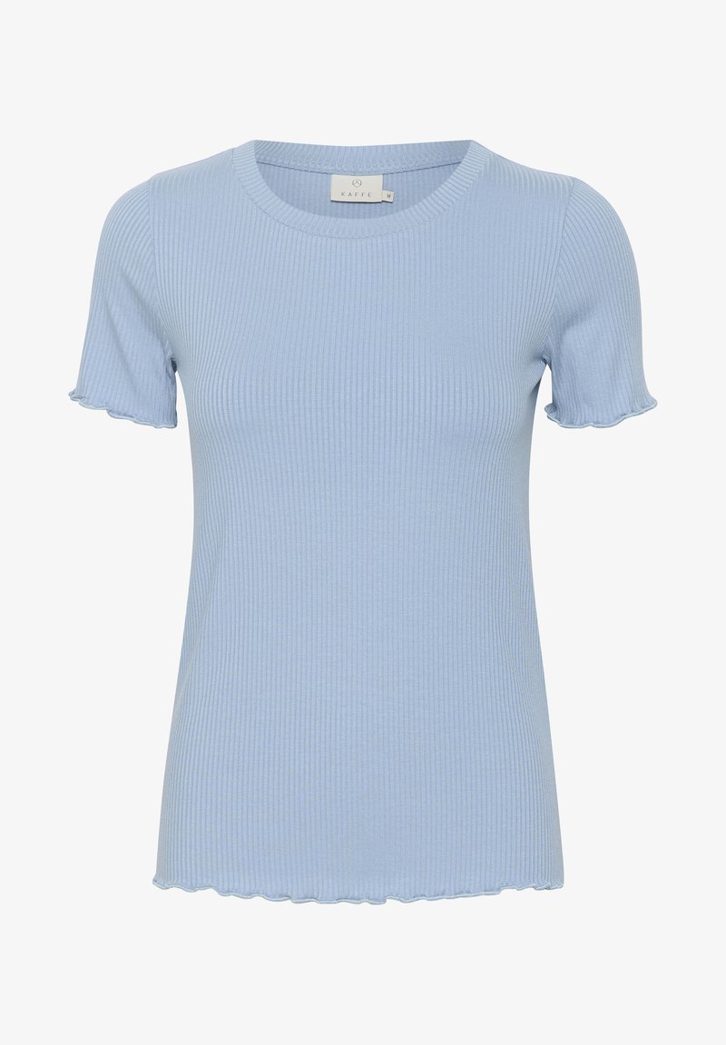 Šviesiai mėlyna, banguota trumpomis rankovėmis palaidinė su apvaliu iškirpimu ir banguotais kraštais. Pagaminta iš švelnios medžiagos, prigludusi siluetas.