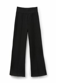 Schwarze weite Hosen aus einem glatten, dehnbaren Stoff. Mit einem hohen, elastischen Bund und vertikalen Nähten für Struktur.