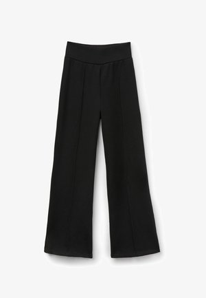 Pantalones de pierna ancha negros con una tela suave y elástica. Presenta una cinturilla alta y elástica, y detalles de costura vertical para mayor estructura.
