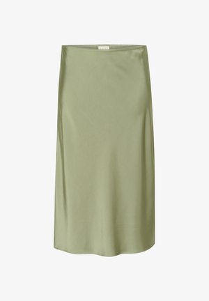 Satin-Röhrensliprock in sanftem Olivgrün, knielang mit glatter Textur und dezentem Glanz. Verfügt über einen schlichten Bund.