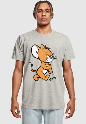 Grå bomulds T-shirt med en orange tegneserie-mus grafik med hvide detaljer. Designet inkluderer en legesyg pose og stiliseret tekst "Jerry."