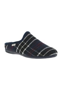 Chaussons en laine à carreaux navy, avec un dessus doux et texturé et une semelle en caoutchouc noire. Présente des accents rouges et blancs dans un motif à carreaux traditionnel.