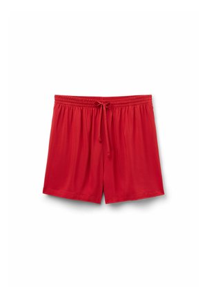 Shorts de bain rouges avec une taille élastique, un cordon de serrage et une texture légère. Design simple, coupe à mi-genoux, sans motifs supplémentaires.