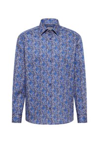 Blauw patroon langarmshirt met bloem- en abstracte ontwerpen, voorzien van een klassieke kraag en knoopsluiting. Gemaakt van lichte stof.