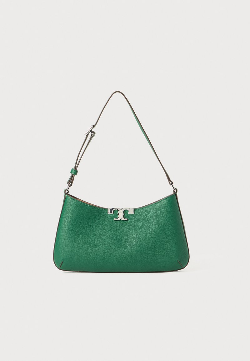 Green leather handbag with a curved shape, silver hardware accent, textured finish, and a single adjustable shoulder strap.