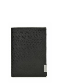 Czarny notes z wytłoczonym wzorem nazwy marki. Posiada prostokątny kształt, gładką fakturę oraz srebrny metalowy akcent z boku.