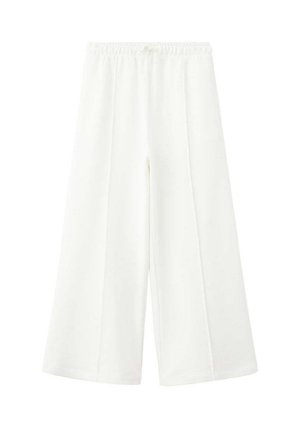 Pantalon blanc à jambes larges avec taille élastique et détail de couture centrale, présenté à plat sur fond blanc.