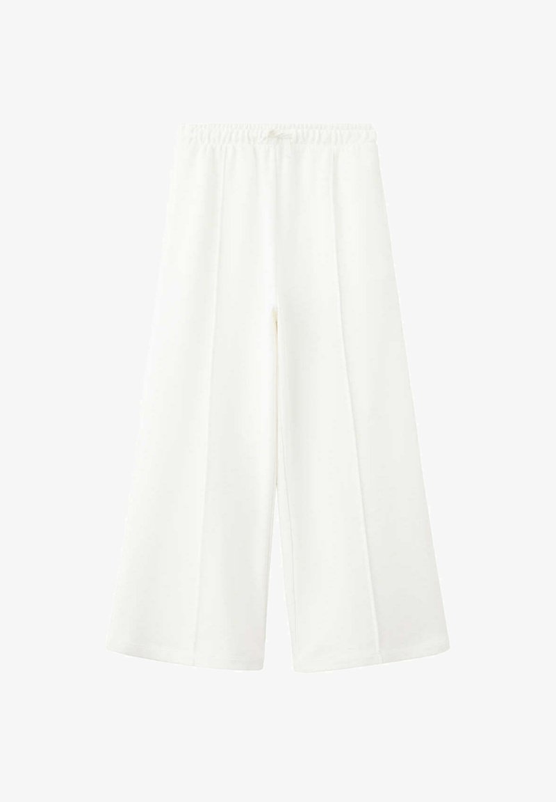 Pantalon blanc à jambes larges avec taille élastique et détail de couture centrale, présenté à plat sur fond blanc.