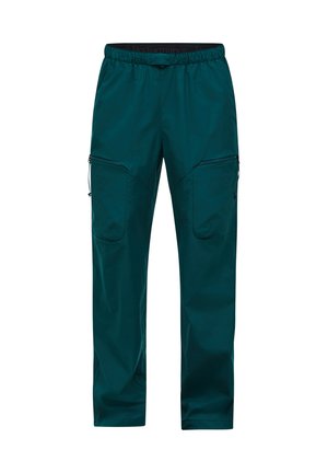 Donker turquoise lichte broek met elastische tailleband en ritssluitingen op beide dijen, ontworpen voor outdoor- of prestatiegebruik.