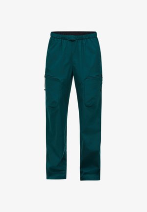 Donker turquoise lichte broek met elastische tailleband en ritssluitingen op beide dijen, ontworpen voor outdoor- of prestatiegebruik.