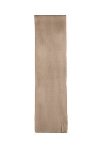 Écharpe en tricot beige avec une texture côtelée, de forme rectangulaire, et une étiquette à une extrémité. Matière douce et couture uniforme sur l'ensemble.