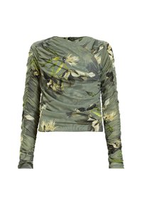 Langärmliges grünes Oberteil mit Blumenmuster, mit gerafften Seiten und lockerer Passform. Leichter, strukturierter Stoff mit subtiler Ausstrahlung.