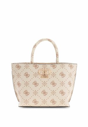 Borsa tote beige con motivo del logo Guess marrone, doppi manici e targhetta con logo Guess in tono oro al centro davanti.