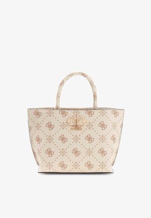 Borsa tote beige con motivo del logo Guess marrone, doppi manici e targhetta con logo Guess in tono oro al centro davanti.