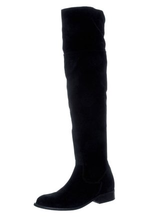 Botte haute noire en suède jusqu'au genou avec talon bas et bout arrondi, conçue pour la mode féminine et le porter au quotidien.