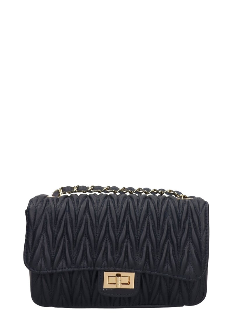 Borsa a tracolla nera trapuntata con manico a catena dorata e chiusura a torsione dorata rettangolare sulla patta anteriore.