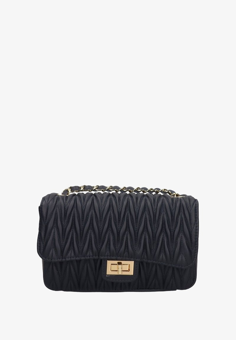 Borsa a tracolla nera trapuntata con manico a catena dorata e chiusura a torsione dorata rettangolare sulla patta anteriore.