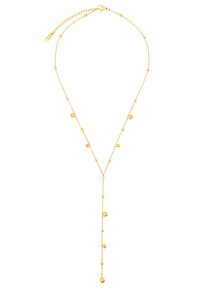 Collana in tono oro con una delicata catena, dettagliata con accenti di perline circolari e un pendente a goccia, che mette in mostra una forma a Y allungata.