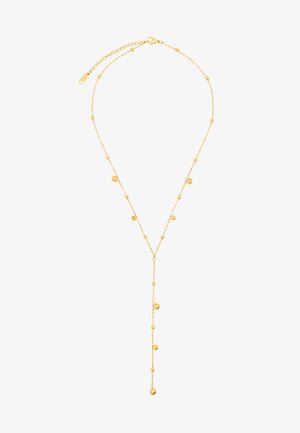 Gold-tone necklace featuring a delicate chain with circular bead accents and a drop pendant design, showcasing an elongated Y-shape.