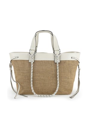 Beige geweven draagtas met witte lederen afwerking, dubbele handvatten, afneembare ketting-schouderriem en details met strik aan de zijkant.