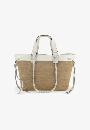 Beige geweven draagtas met witte lederen afwerking, dubbele handvatten, afneembare ketting-schouderriem en details met strik aan de zijkant.