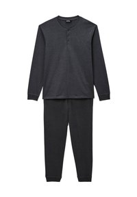 Ensemble de pyjama à manches longues gris foncé avec un col henley et trois boutons. Comprend un pantalon assorti avec des chevilles ajustées. Tissu doux et respirant.