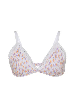 White triangular bra with a multicolored abstract pattern (purple and orange) and lace trim along the top. Adjustable white straps included.