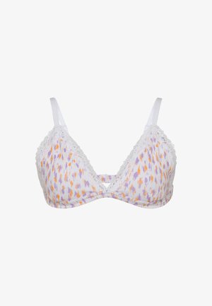 White triangular bra with a multicolored abstract pattern (purple and orange) and lace trim along the top. Adjustable white straps included.