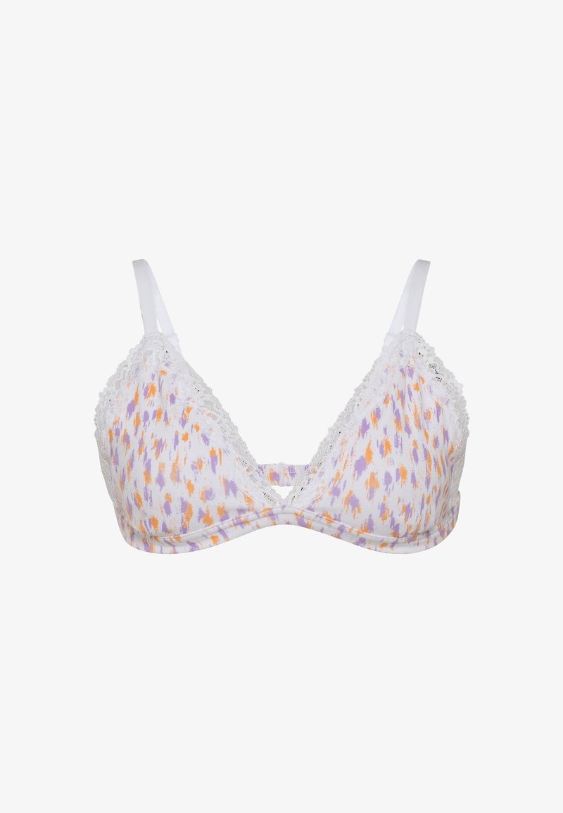 Soutien-gorge triangle blanc avec un motif abstrait multicolore (violet et orange) et une finition en dentelle sur le dessus. Bretelles blanches ajustables incluses.