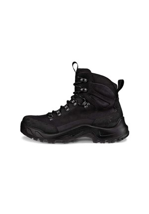 Czarne buty górskie z solidną konstrukcją, wykonane z materiałów tekstylnych i gumowych, z sześcioma oczkami i teksturowaną podeszwą zapewniającą przyczepność.