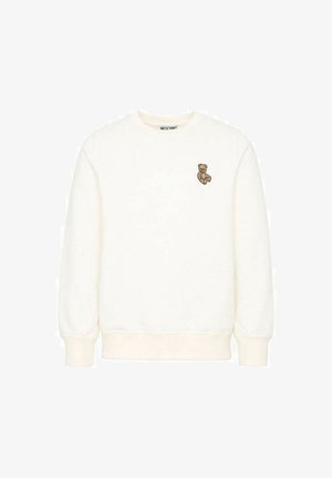 Felpa bianca a maniche lunghe con polsini e orlo a costine, con un piccolo orsetto marrone ricamato sul petto sinistro.