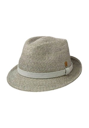Light gray woven fedora hat with a matching band and small brown logo on the side.