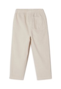 Pantalon en velours côtelé beige avec texture côtelée, taille élastique et poche arrière. Coupe droite avec une finition douce.
