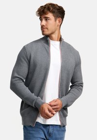 Grå strikket glidelåsgenser med et teksturerte mønster, ribbede mansjetter og fargede glidelåsdetaljer, lagd over en hvit t-skjorte og blå jeans.