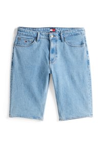 Lys blå denim shorts med rett snitt, som har fem lommer, knappelukking og subtil falming for tekstur.